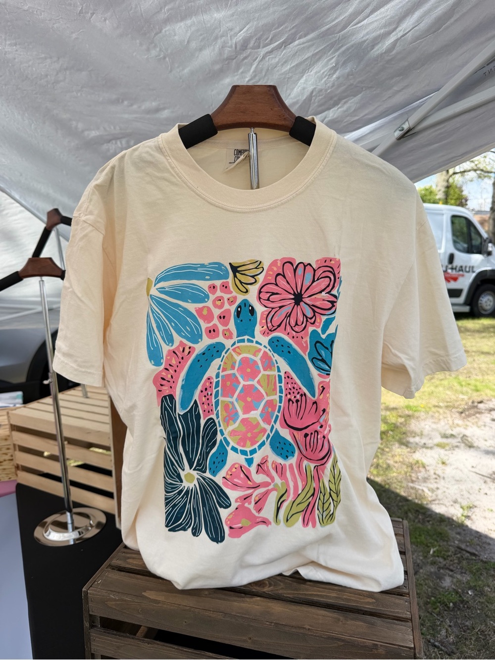 Comfort Colors Cream Short Sleeve Tee with Colorful Sea Turtle Graphic